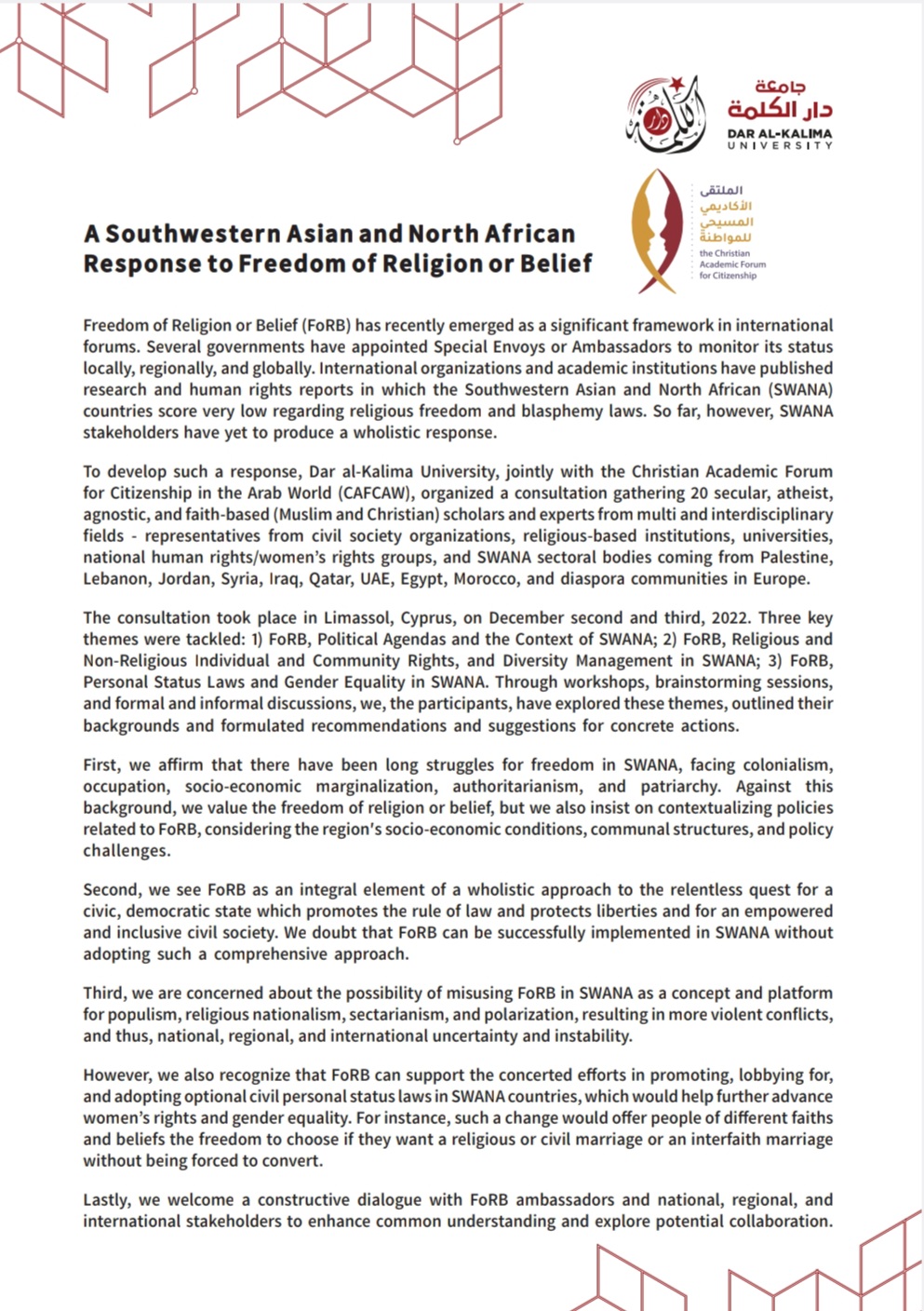 A Southwestern Asian and North African Response to Freedom of Religion or Belief – Statement & Position Paper